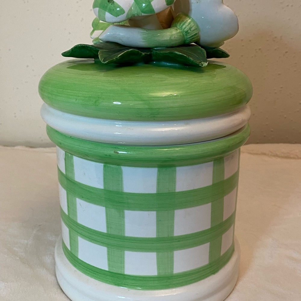 Seymour Mann Green and White Checkered Ceramic Jar with Floral Lid- Large